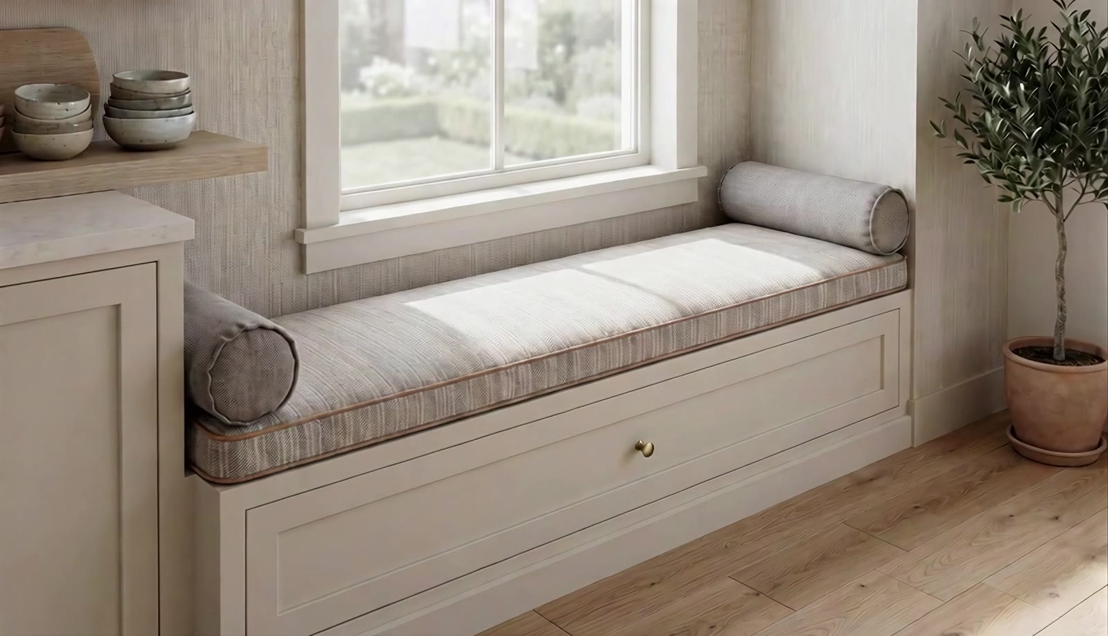 Custom striped bench cushion styled on a built-in window seat in a bright kitchen nook